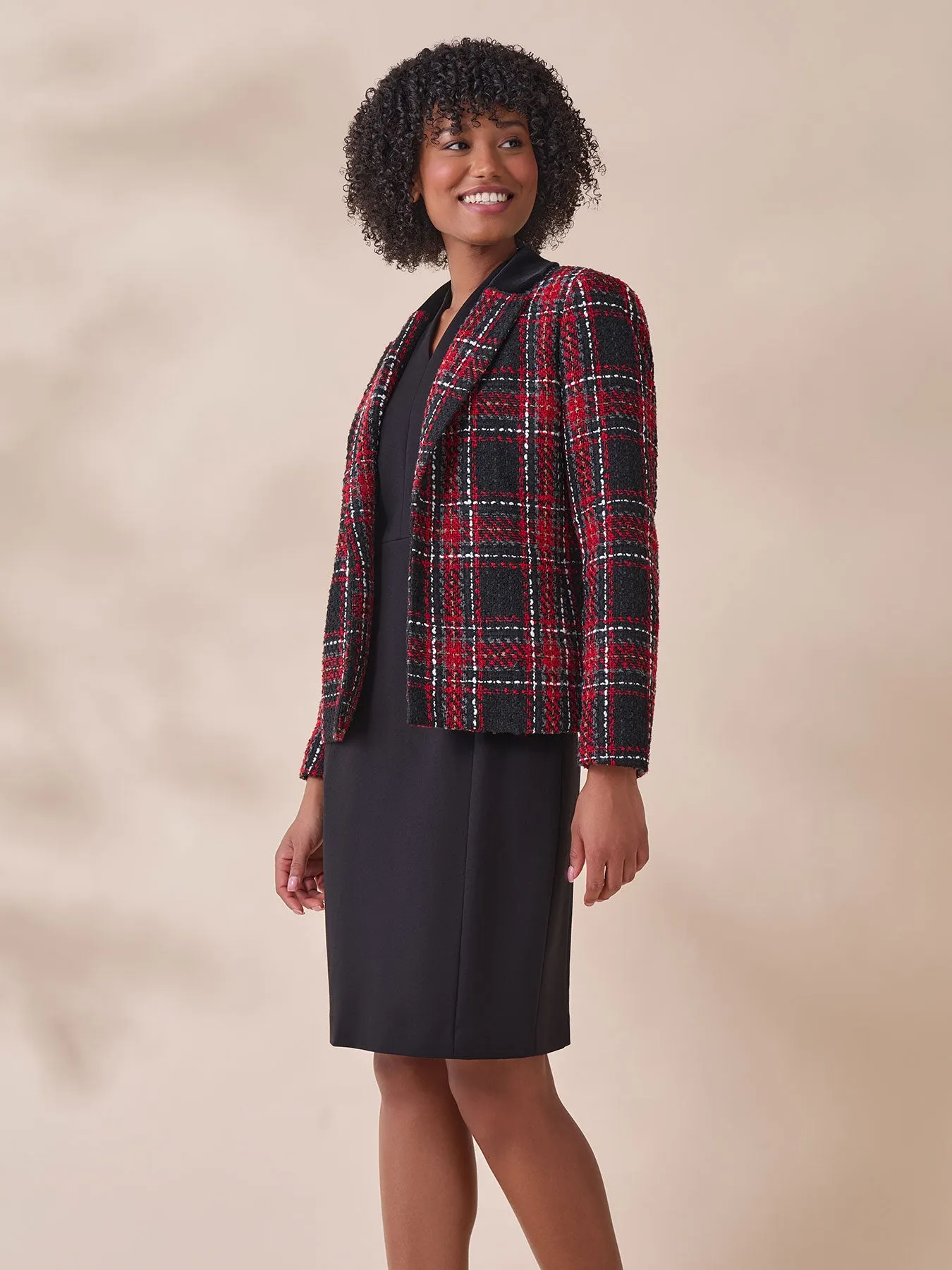 Petite Velvet Notch Collar Jacket, Plaid Tweed