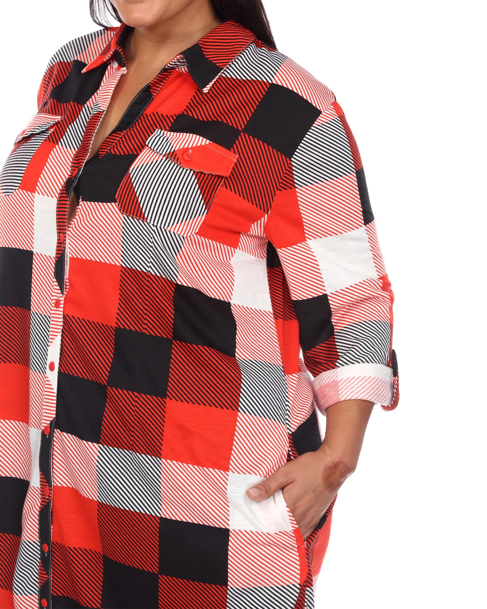 Plaid Button Down Tunic Shirt | Red Black